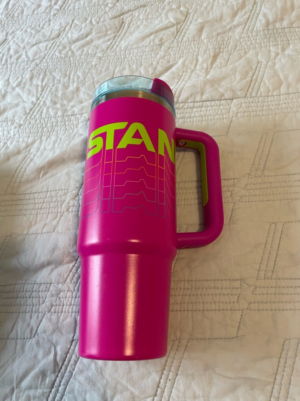 Stanley Pink & Lime Travel Mug with Handle